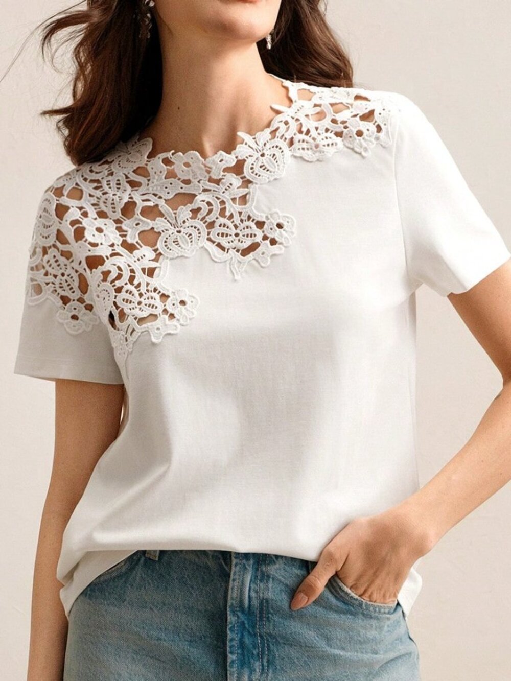 White Casual Women's Crochet Hollow-Out Short Sleeve T-Shirt - Picture 5 of 8